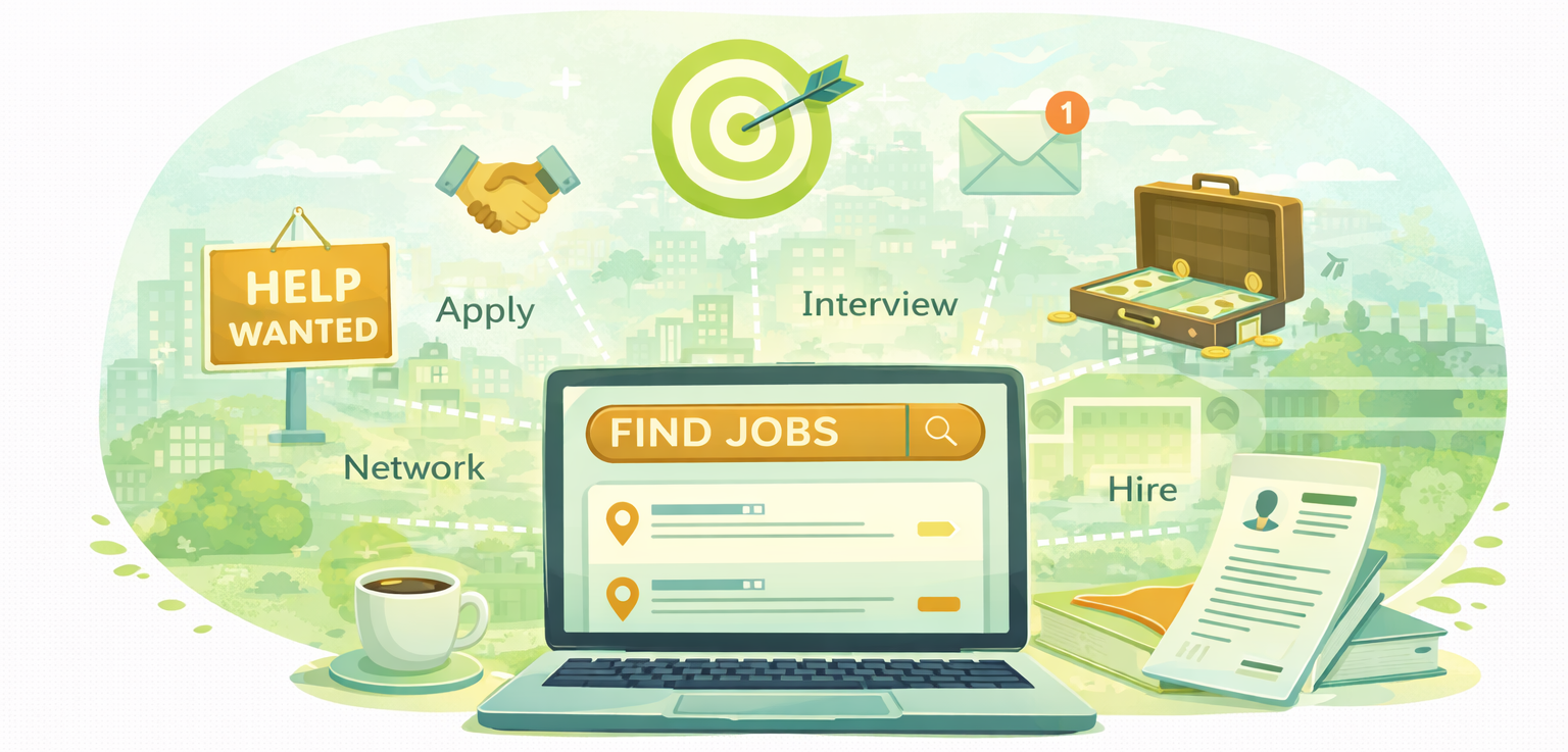 Job search illustration showing a laptop with job listings, resume, and icons representing applying, interviewing, and hiring.