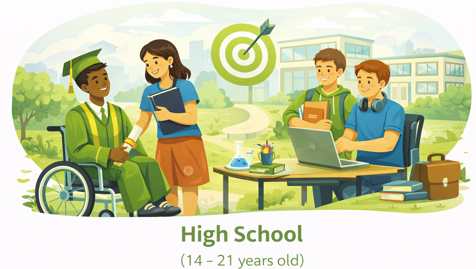 High school illustration showing diverse students ages 14–21 preparing for graduation, studying, and planning for future careers in an inclusive environment.
