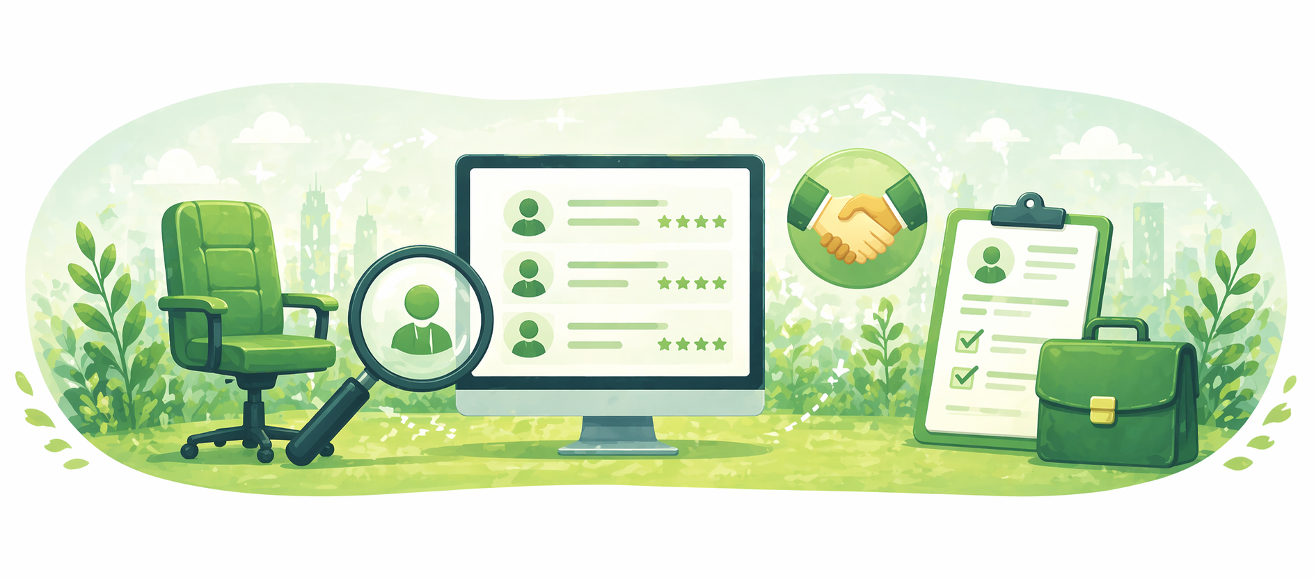 Hiring opportunity illustration showing candidate profiles on a screen, a magnifying glass, office chair, and checklist in a wide layout.