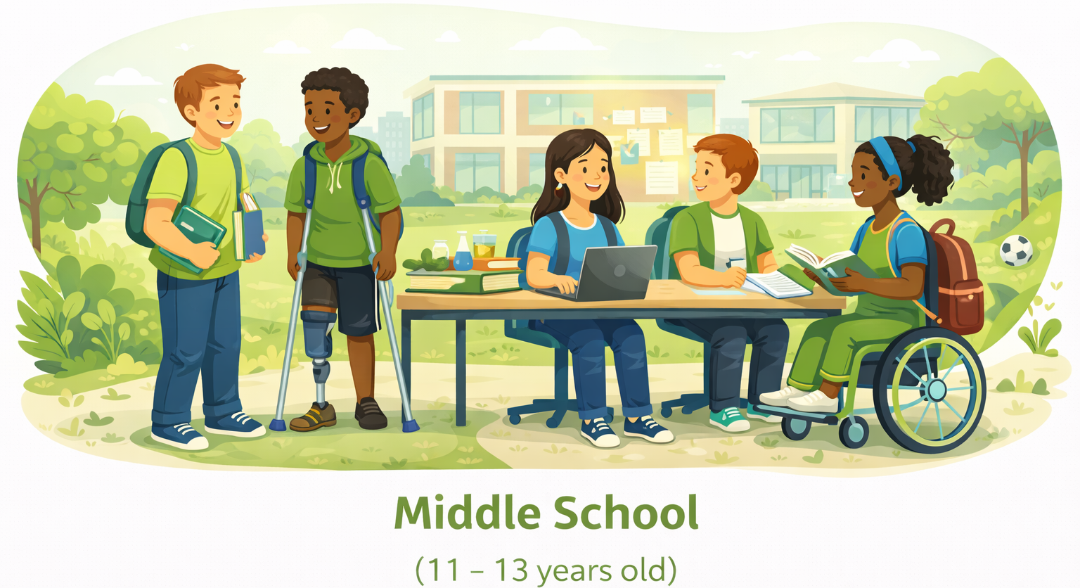 Middle school illustration showing diverse students ages 11–13 collaborating, studying, and interacting in an inclusive learning environment.