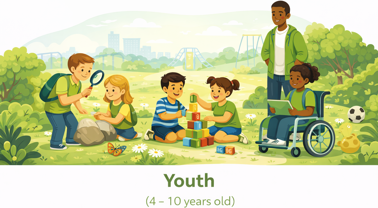 Youth illustration showing diverse children ages 4–10 playing, learning, and interacting together in an inclusive outdoor environment.