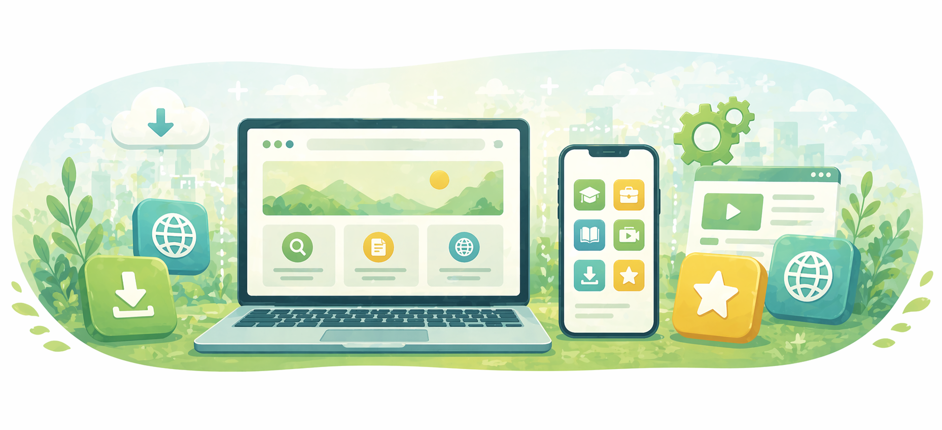 Illustration of a laptop and smartphone displaying apps and websites, surrounded by icons representing digital tools and online resources.