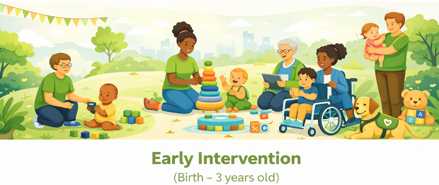 Early intervention illustration showing caregivers and young children playing and learning together in an inclusive outdoor setting.