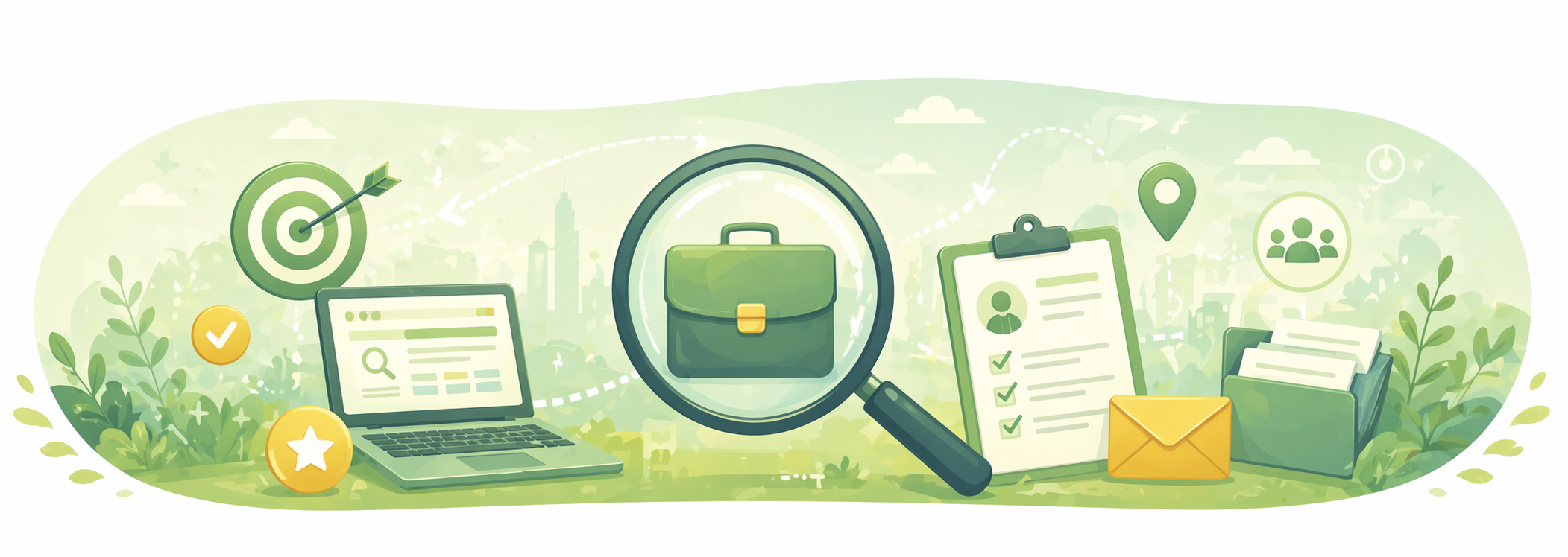 Job seekers illustration showing job search tools like a laptop, resume, magnifying glass, and career-related icons in a wide layout.
