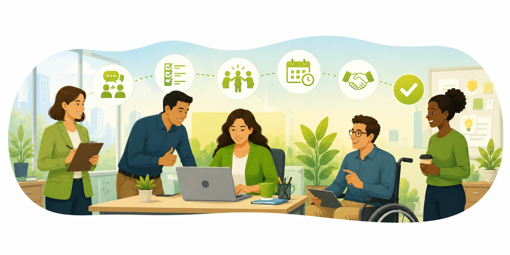 Keeping your job illustration showing employees collaborating, communicating, managing responsibilities, and supporting one another in an inclusive workplace environment.