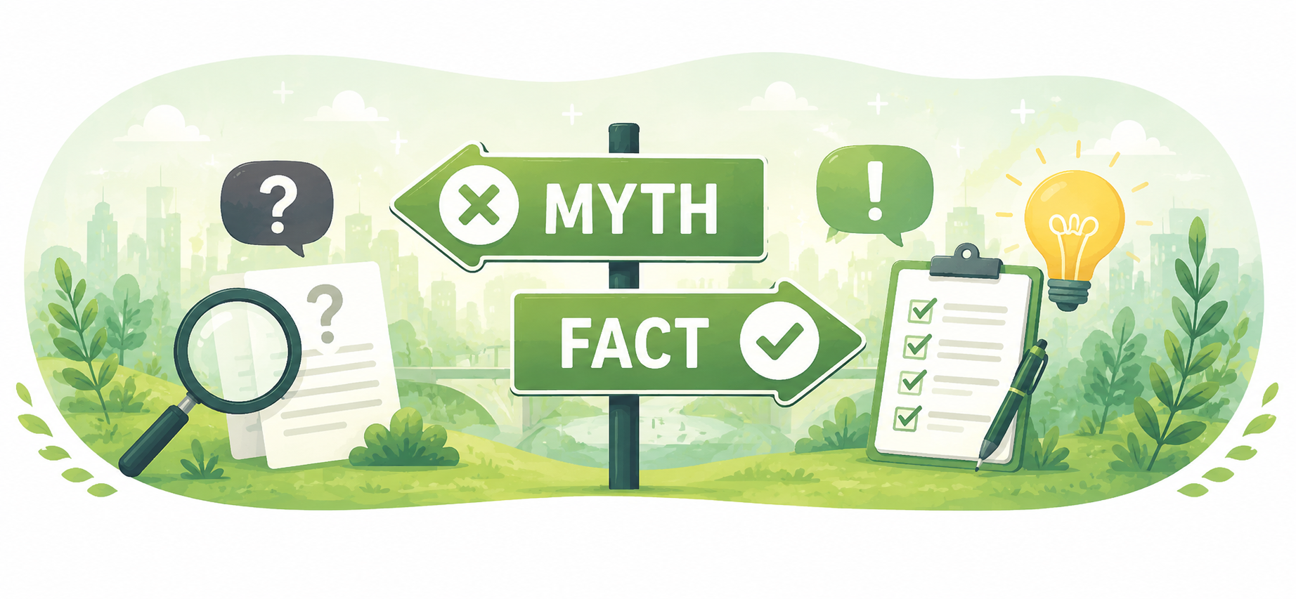 Myth Busters illustration showing symbols for questions, fact-checking, and verified information, with visual elements representing the process of separating myths from facts.