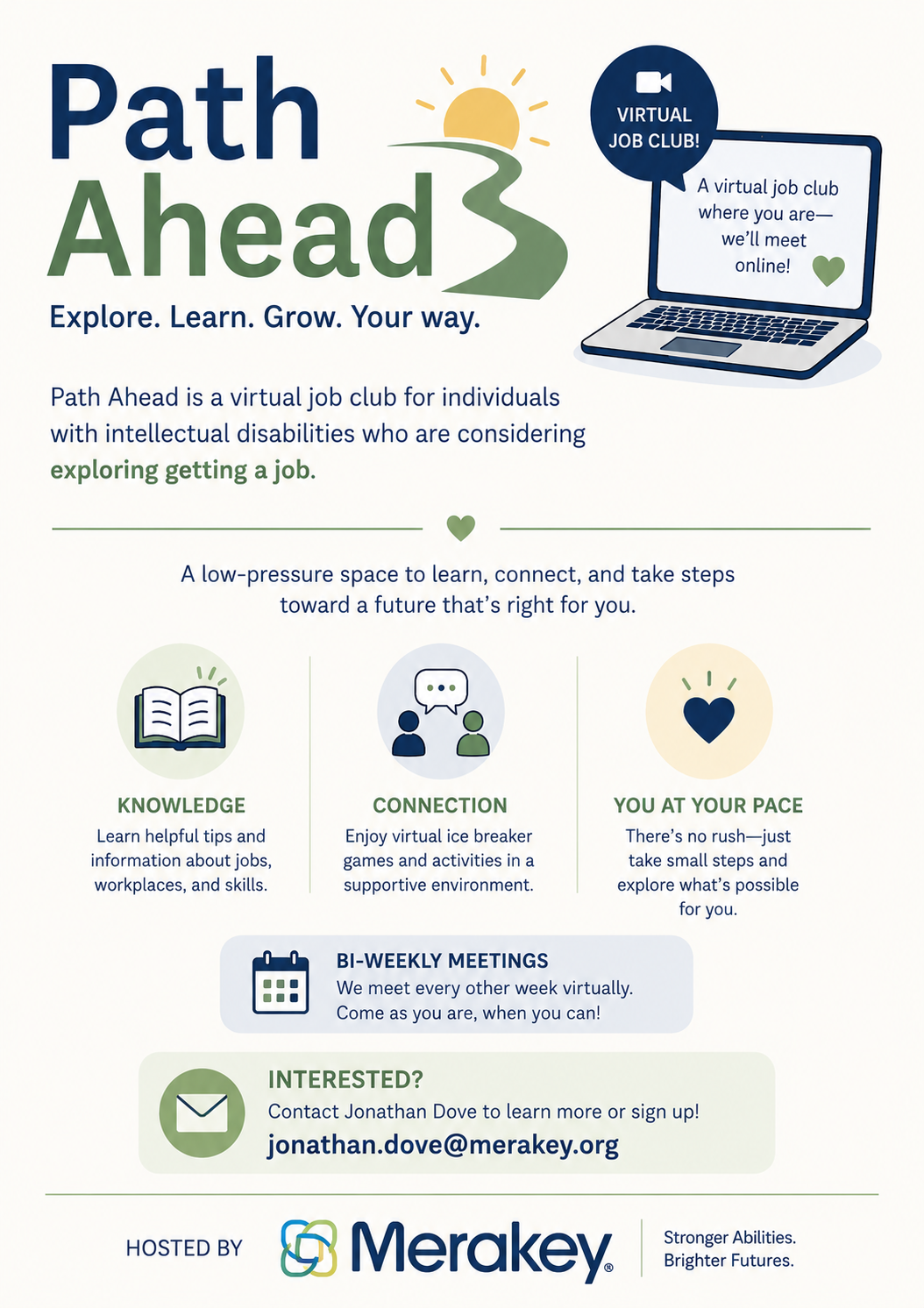 Promotional flyer for Path Ahead, a free virtual job club for people with intellectual disabilities, hosted by Merakey. Meets bi-weekly online.