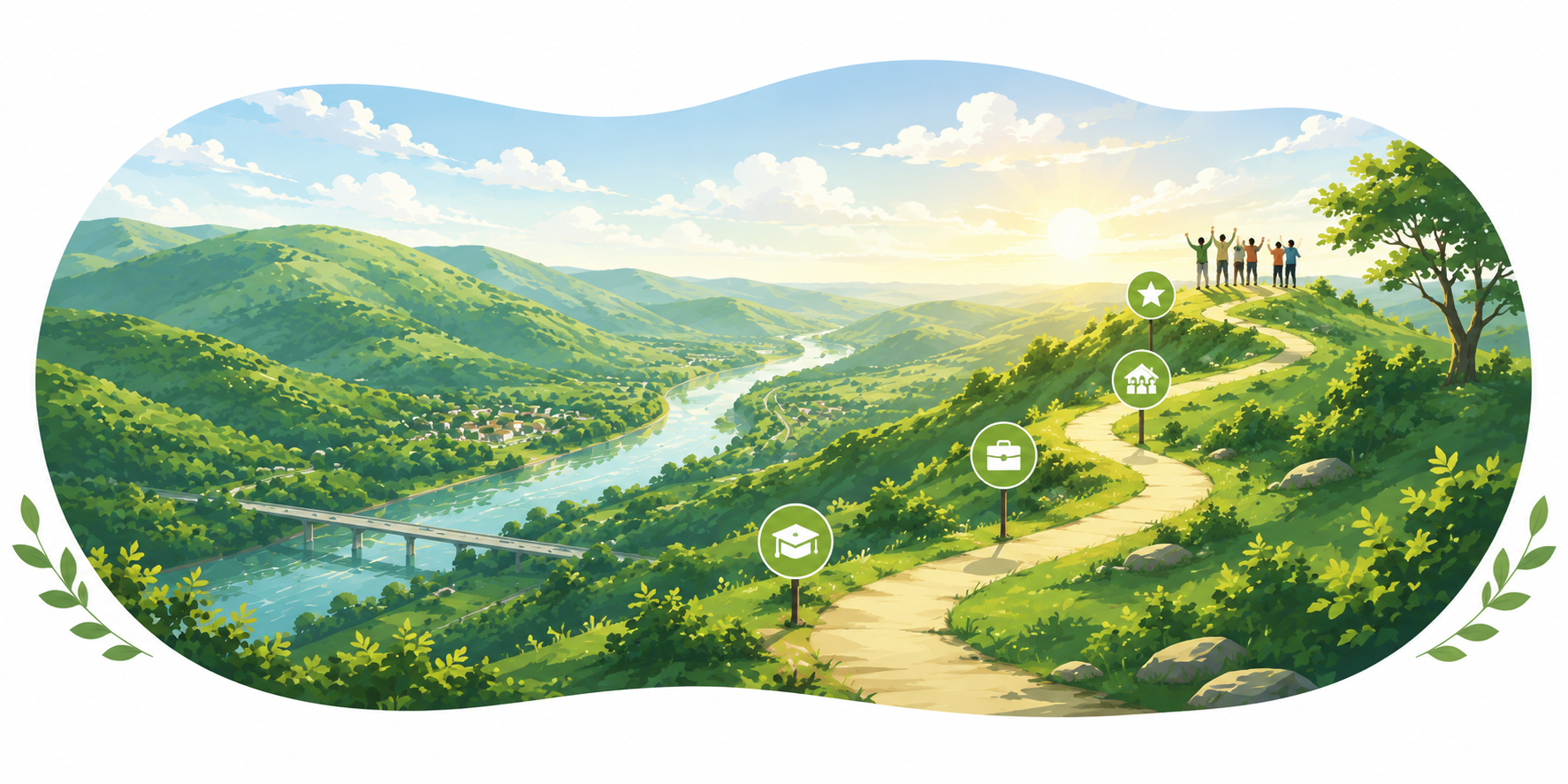 Success stories illustration showing individuals reaching milestones in education, employment, community participation, and personal achievement along a pathway of growth.