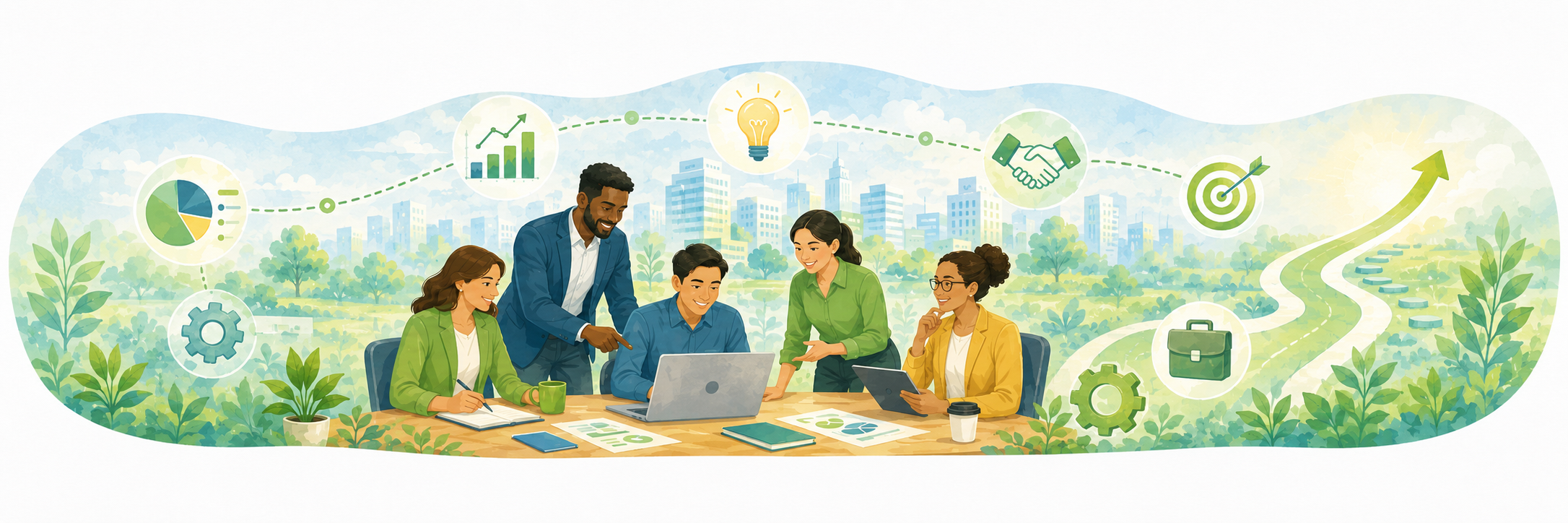 Diverse business professionals collaborating around a laptop with growth, strategy, and success icons in a green city setting.