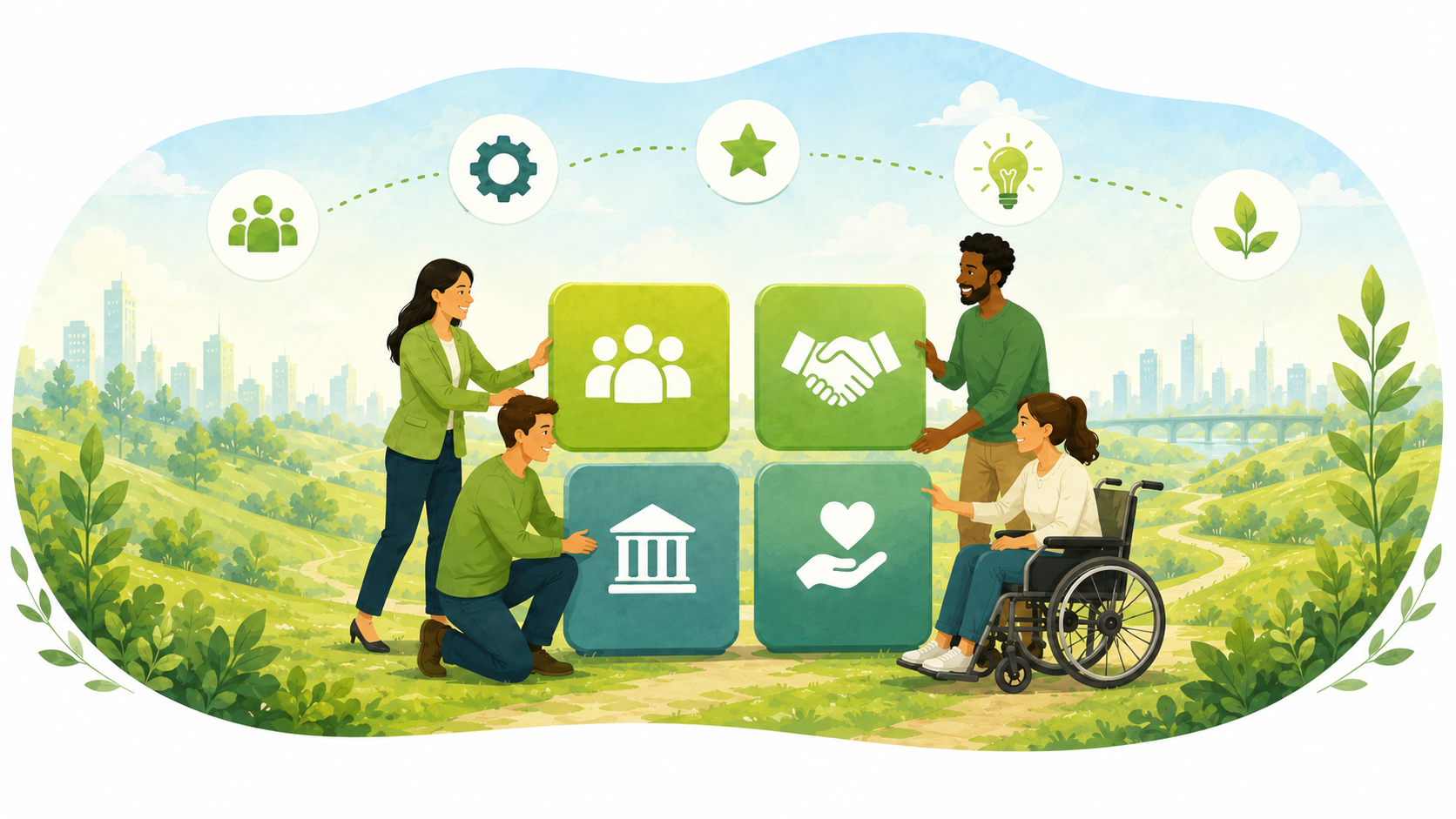 Diverse people collaborating around four symbol blocks representing community, partnership, support, and shared resources in a green landscape setting.