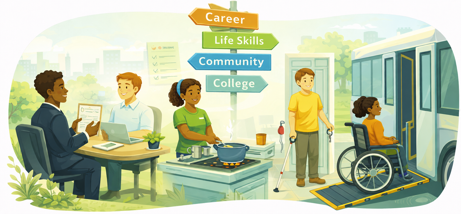 Transition resources illustration showing diverse individuals developing life skills, preparing for careers, and accessing community support in an inclusive environment.